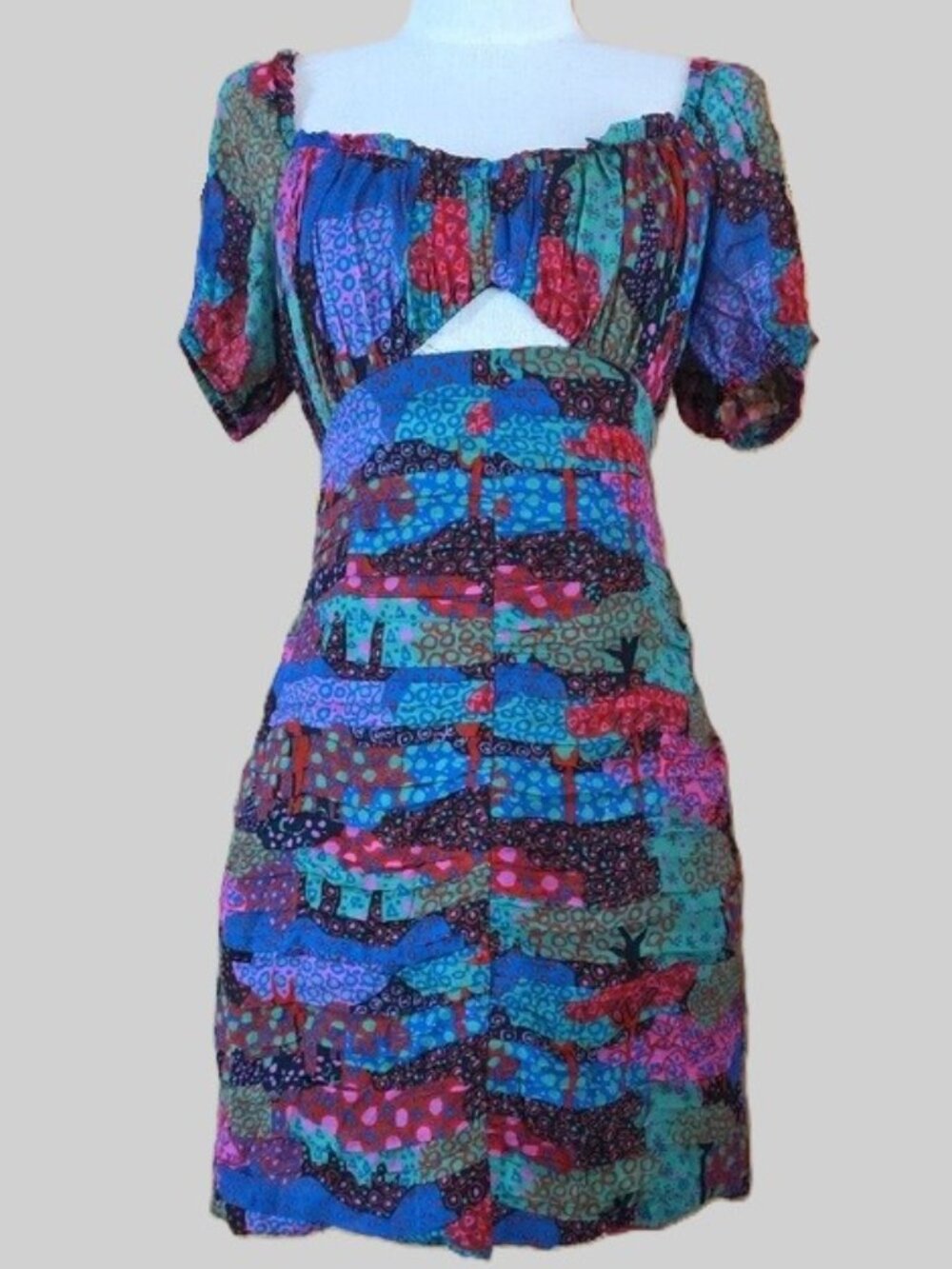 NEW RHODE CLARA COLORFUL PATCHWORK PLEATED MINI DRESS IN ENCHANTED WOODS SIZE 4 - Picture 3 of 11